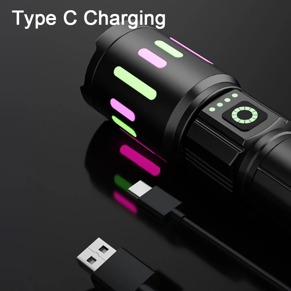 ハイパワーLED懐中電灯,長距離,強力,充電式,防水トーチ,屋外キャンプ,ハイキング用ランタン