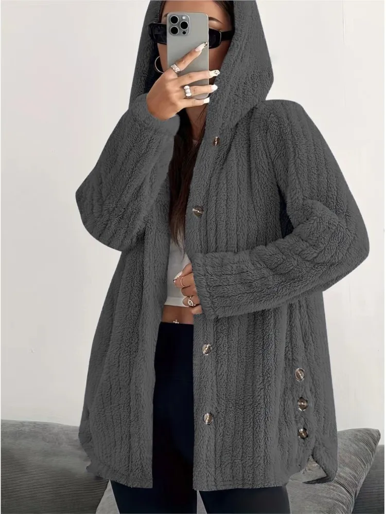 เสื้อฮู้ดฤดูหนาว เสื้อโค้ทผู้หญิงแฟชั่น กระดุมแถวเดียว ทรงหลวม สไตล์เรโทรลำลอง ผ้าพลัฌ รุ่นปี 2025