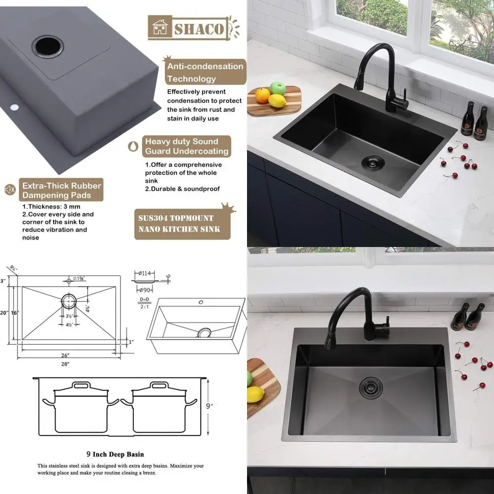 

Глубокая кухонная мойка из нержавеющей стали цвета оружейной стали, 28 x 20 дюймов, встраиваемая, с одной чашей