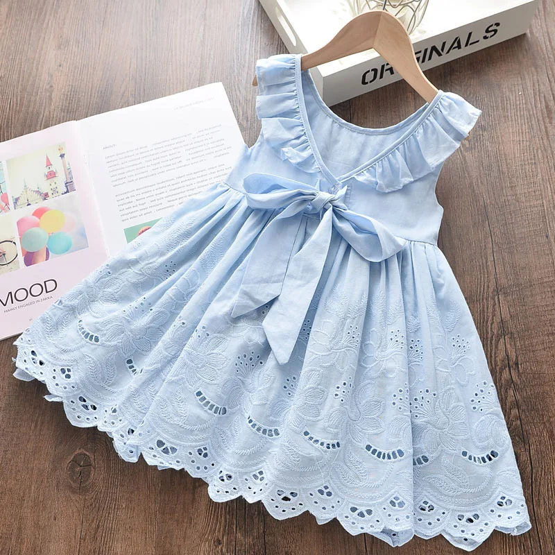 Girls Elegant Dresses New Summer Kids Party Costumes Sleeveless Floral Princess Girl Clothes Blue Children Clothing Vestidos