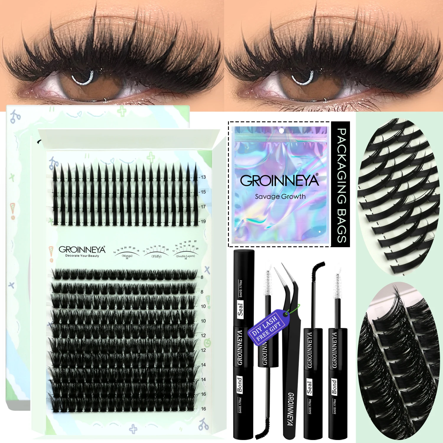 GROINNEYA Kit de grupos de pestañas con picos Individuales de pestañas Kit de grupos de pestañas D-Curly con maquillaje de unión y sellado