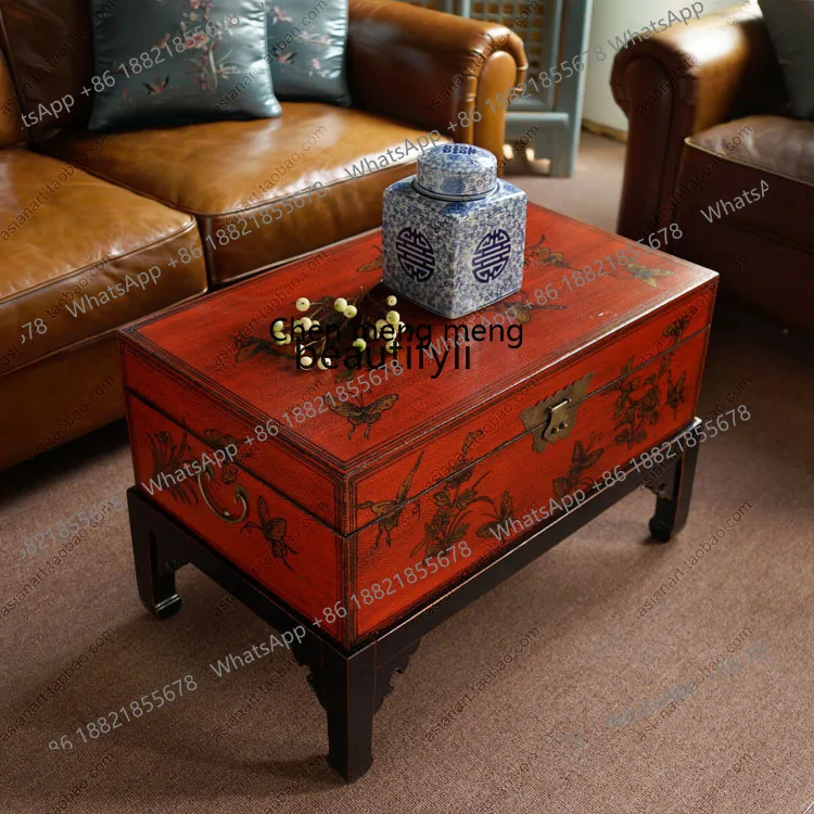 New Chinese solid wood coffee table hand-painted butterfly old antique gold-painted box edge table