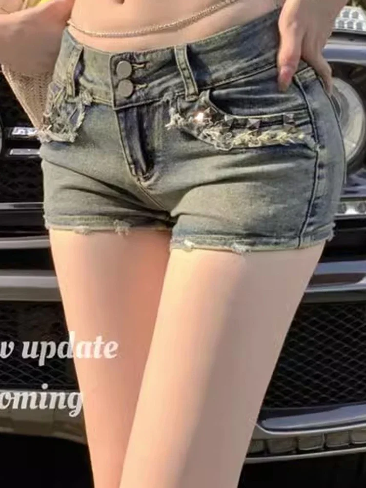Women Korean Retro Y2k Shorts Pants Lady Vintage High Street Hot Pants Female Blue Low Waist Elastic Wrapped Hip Short Jeans