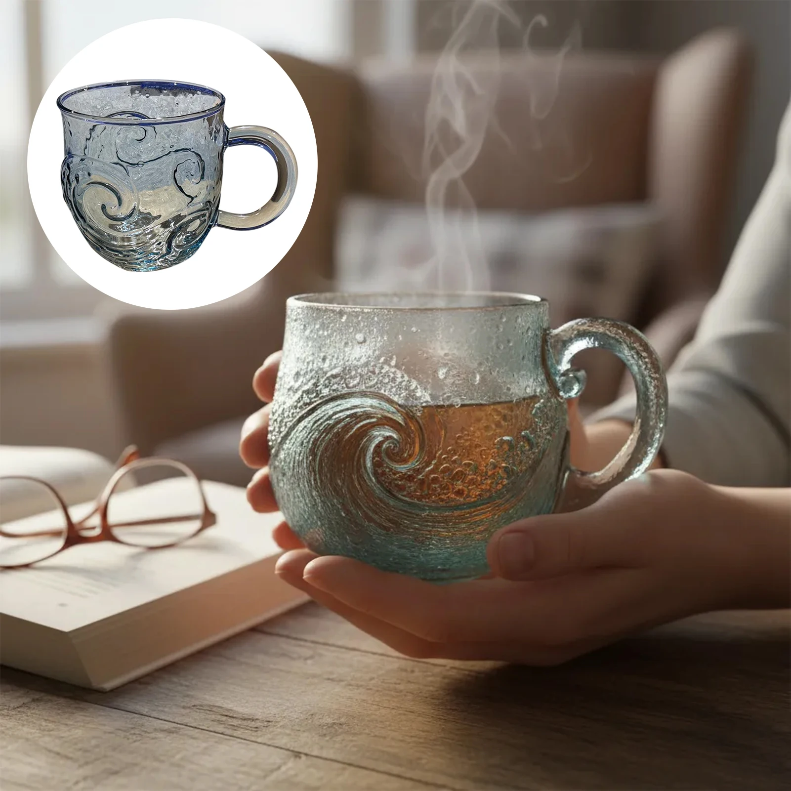 300 ml Ozeanwellen Glasbecher mundgeblasenes Glas Meereswellen-Design Wasserflasche Kaffeetassen mit Griff Home Office Milchteebecher