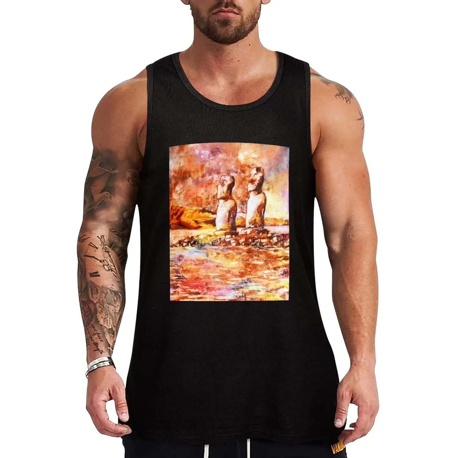 Easter Island Moai statue- watercolor painting Tank Top t-shirt gym man gym clothes man Male clothes Men gym sportswear