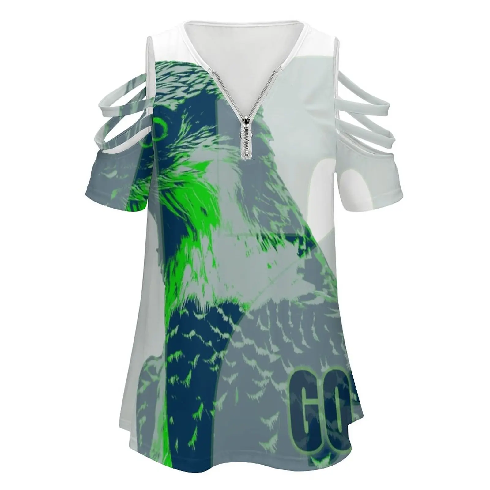 Go Hawks Women's T-Shirt Summer Fashion Print Floral V-Neck Zipper Tshirt Hollow Pullover Ladies Top Gohawks 12 Hawk Animal