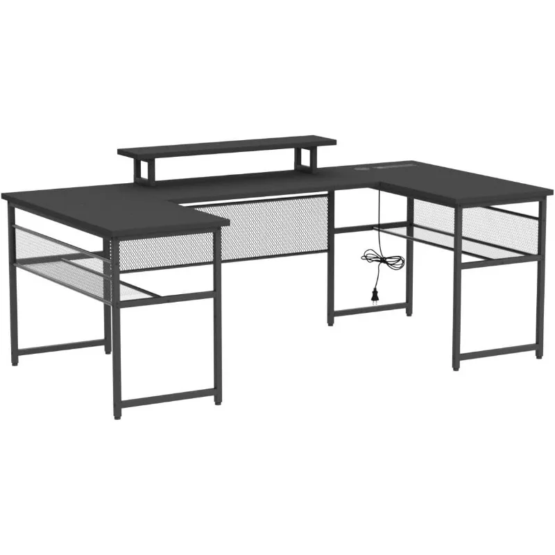 Unikito-Bureau d'ordinateur en forme de U, avec prise de courant et bande LED, bureau de bureau réversible en forme de L avec support de moniteur et rangement