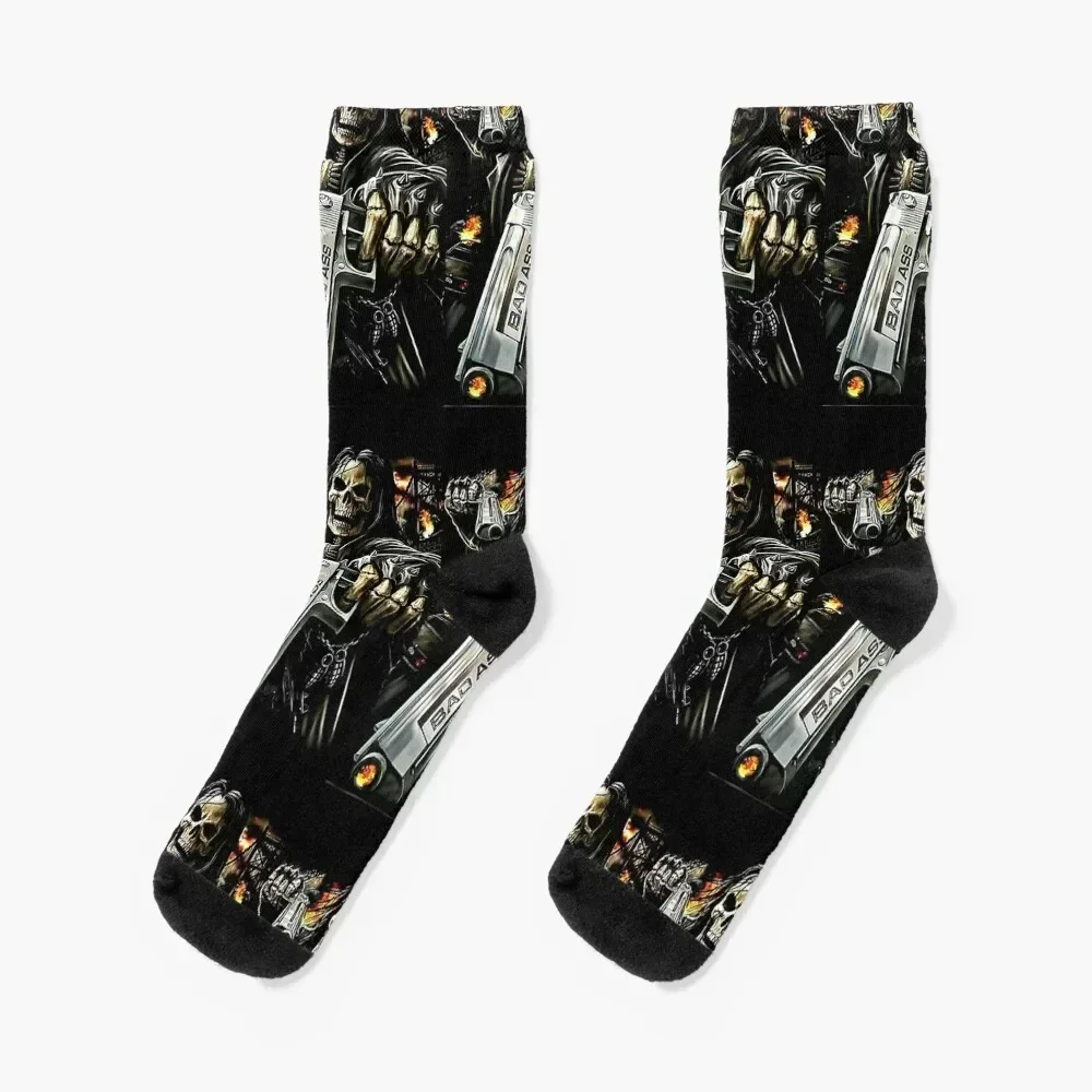 Bad ass Biker shooting on fire. Socks Men's football sports and leisure summer Socks Ladies Men's