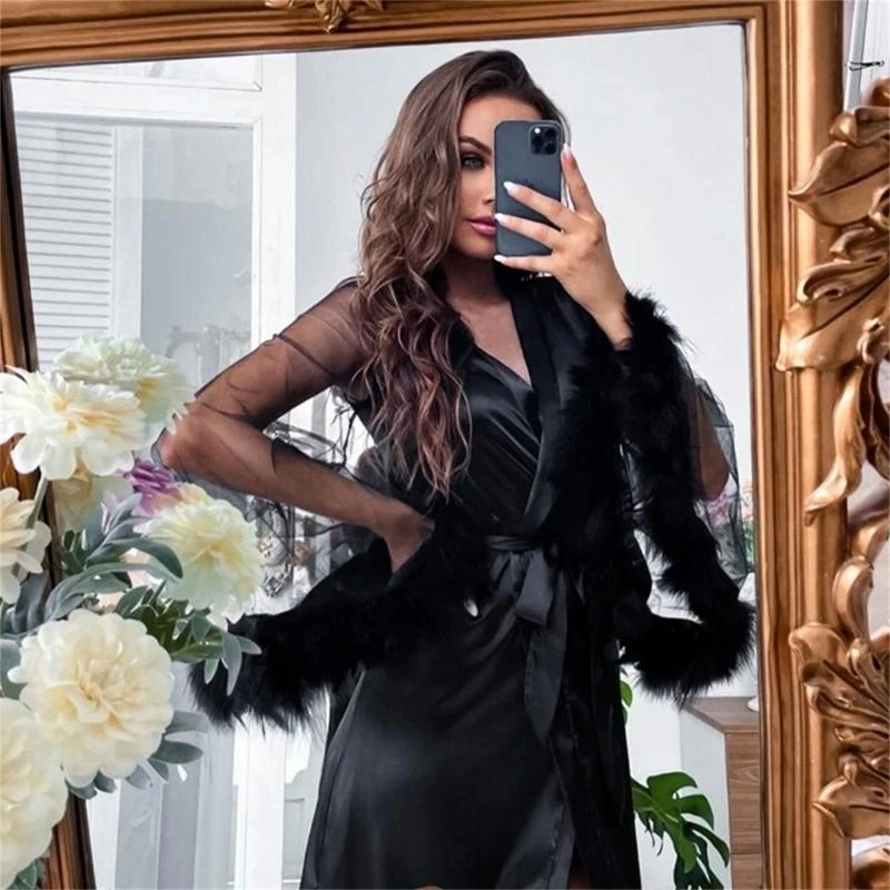 

Q22D Womens Feathers Trim Mesh Long Sleeve Satin Robe Soft Lightweight Wedding Bridal Belted Bathrobe Nightgown Sleepwear