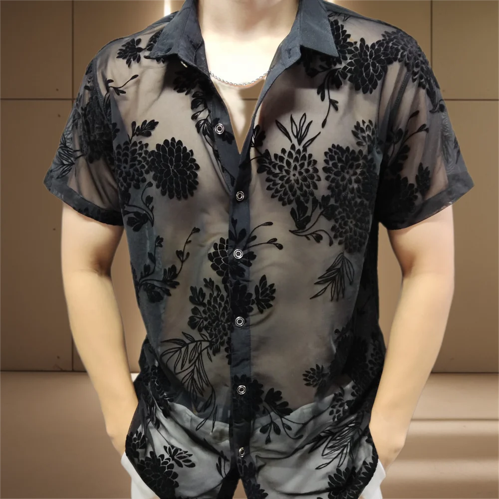 Flower Shirt Men Transparent Short Sleeve Sexy Shirt Thin Cool Summer Top Blouse Social Club Outfits Party Designer Shirt