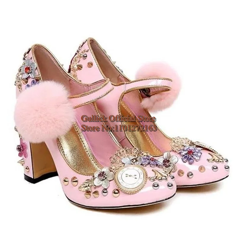 Vintage Watches and Clocks Crystal Heels Pumps Pink Pom Pom Decor Chunky High Heel Dress Shoes Women Diamond Wedding Shoes view 6