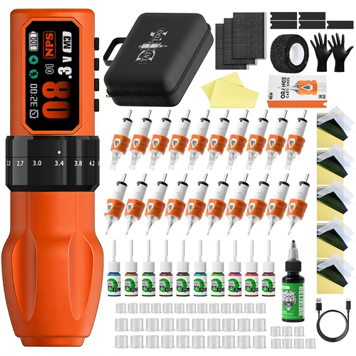 Kit de máquina de tatuaje profesional, pluma de tatuaje de carrera ajustable inalámbrica, Motor sin escobillas sin núcleo con aguja de tatuaje, taza de tinta para tatuaje