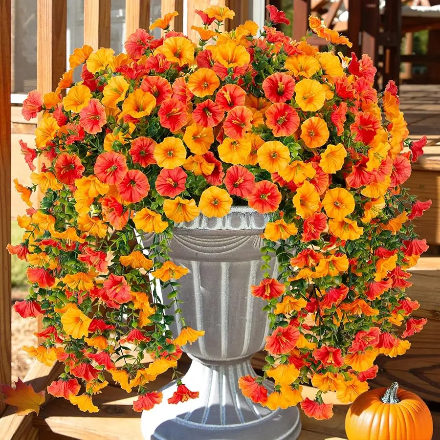 

2 PCS Artificial Hanging Flowers Fake Plants Outdoor,Silk Morning Glory Faux Flowers with Eucalyptus Leaves,UV Resistant Realist