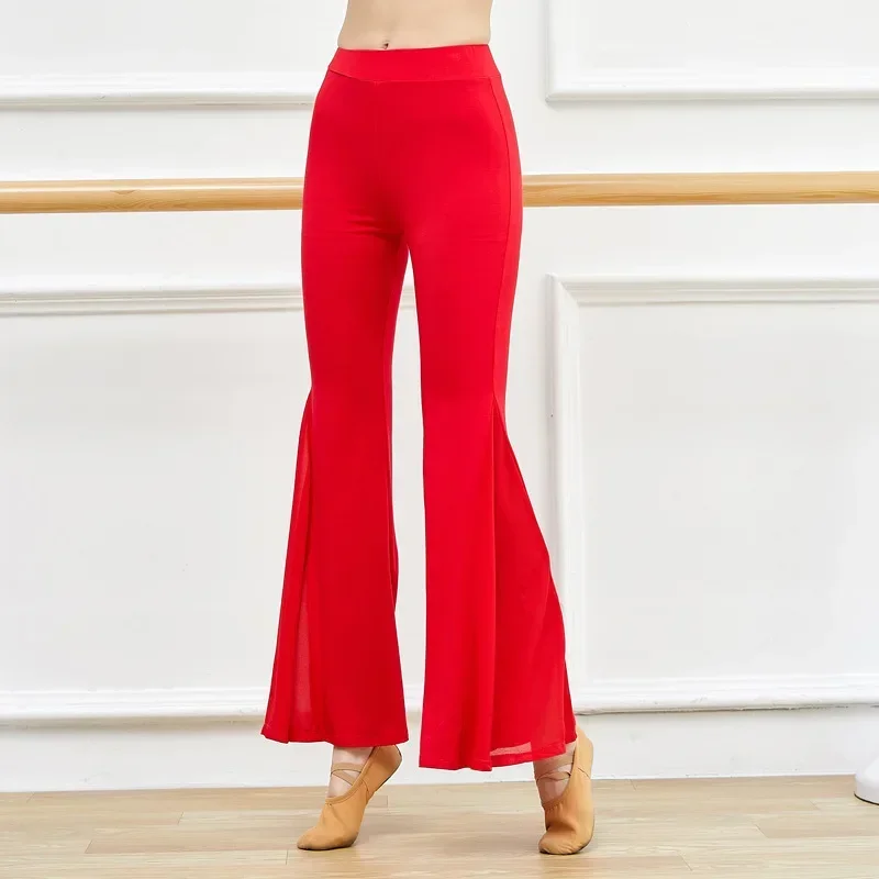 Calça feminina de dança latina, traje de dança do ventre, chiffon emendado, perna larga, calça prática queimada, indispensável para bailarinos, outono