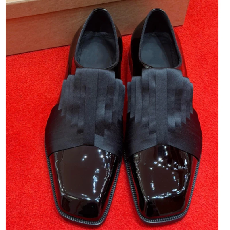 Men's Black Square Toe Patent Leather Tassel Loafers Shoes 2026 Satin Slip-On Formal Dress Shoes for Wedding Party Business