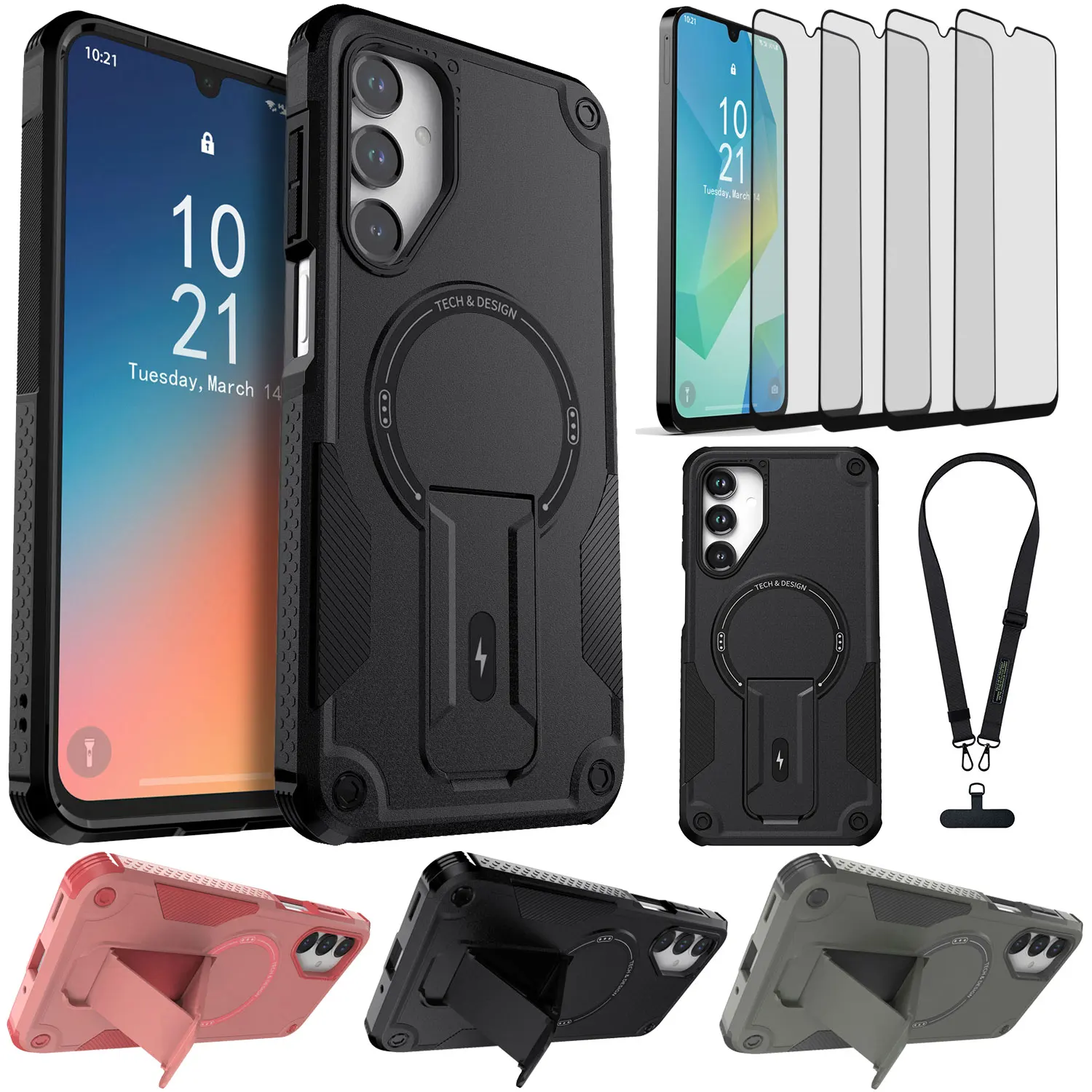 

Для Samsung Galaxy A16 Магнитный противоударный чехол-подставка-держатель + цепочка для телефона + 4 шт. прозрачное закаленное стекло для защиты экрана