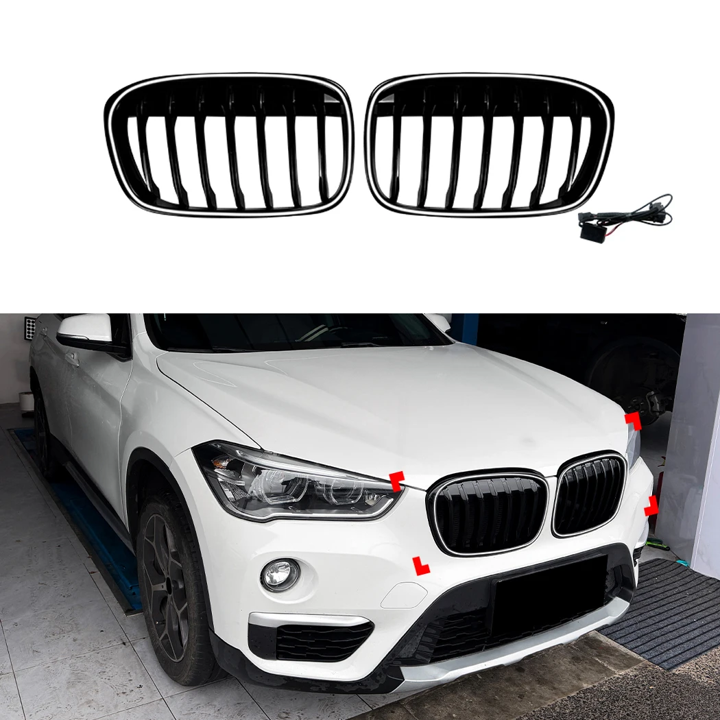 

With Light Front Grille Grills Gloss Black For BMW X1 F48 F49 2015 2016 2017 2018 2019 Front Racing Grille Accessories