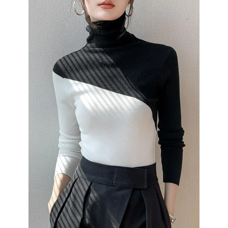 High-necked Knitted Women's 2024 Autumn New Niche Chic Sweater Slim-fitting Inner Wear Constracting Color Pullover