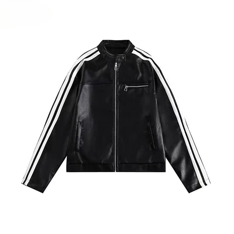 Black Leather Jackets Stripe Women Bomber Varsity Racing Oversized Outwear Fashion Zipper American Vintage Stand Collar Pu Coats