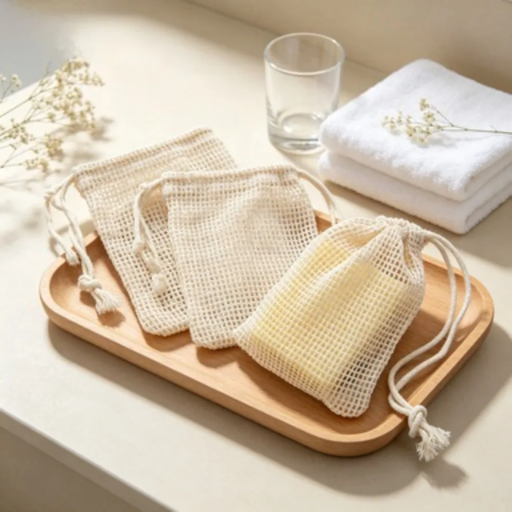 3Pcs Natural Cotton Soap Saver Bag Eco-Friendly Handmade Mesh Exfoliating Soap Pouch Bath Body Cleansing Skin Care Tool Shower