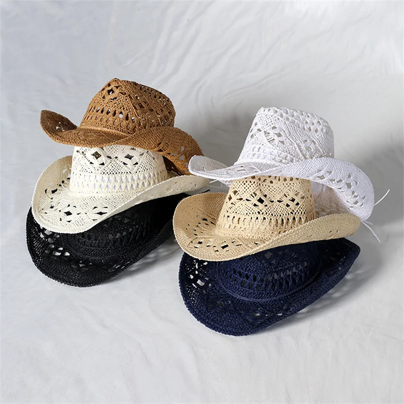 Solid color hand-woven cowboy hat hollow design man and women can wear outdoor beach vacation sun hat INS Hot Style cowboy hat