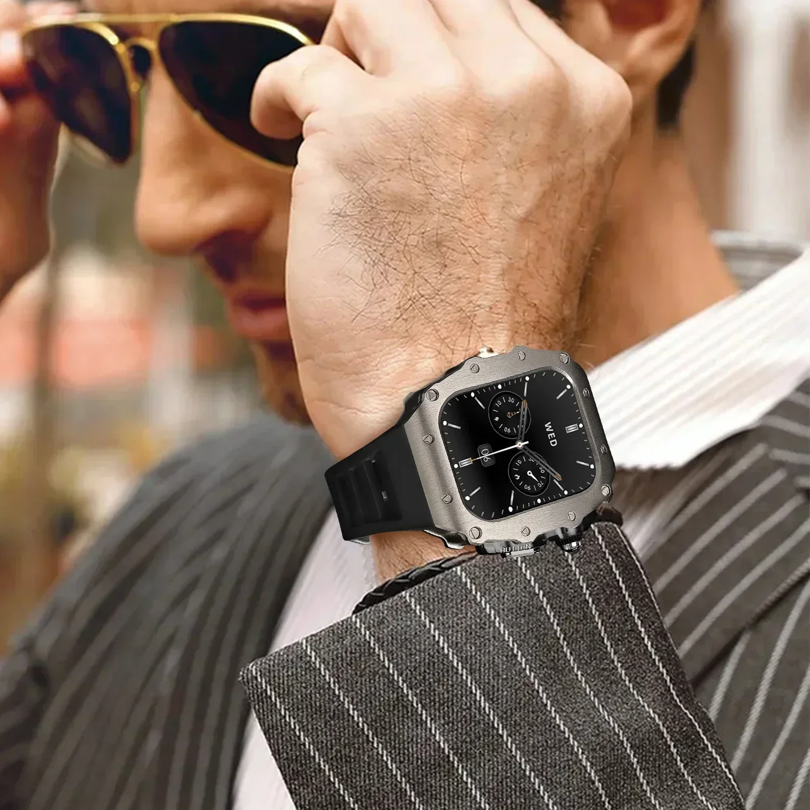 مجموعة تعديل فاخرة لساعة أبل 11 10 46 مللي متر حافظة من الفولاذ المقاوم للصدأ لسلسلة IWatch 9 8 7 6 5 44 45 مللي متر مشبك دبوس السيليكون