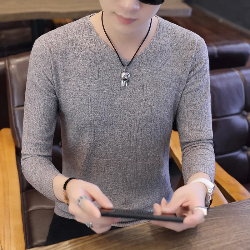 Camisola fina masculina primavera e outono nova camisa manga longa cor sólida moletom base camisa na moda topo