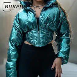 BIIKPIIK Streetwear Blue Corset Glossy Puffer For Women Zip Up Turtleneck Long Sleeve Autumn Winter Coats Fashion Jackets Casual