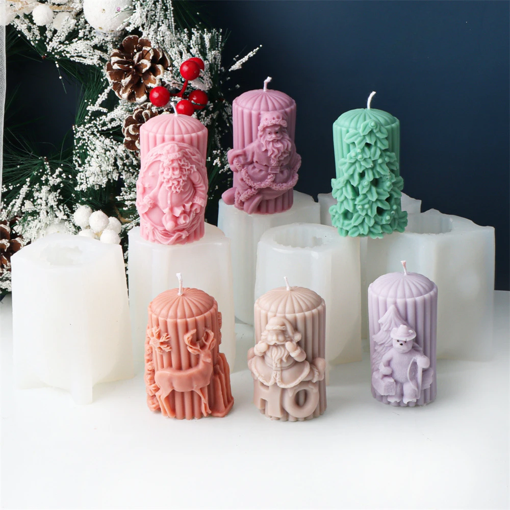 

Christmas Silicone Mold Santa Claus Elk Pillar Fondant Cake Chocolate Mould Hat Bear Christmas Tree Scented Candle Making Kit