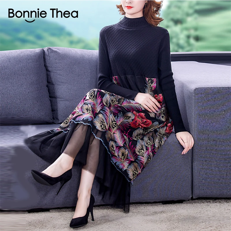 

Bonnie thea Autumn Winter black Knitted Dress Women Luxury Embroidery Mesh Splice Elegant Dresses Fashion Party Vestidos 2023