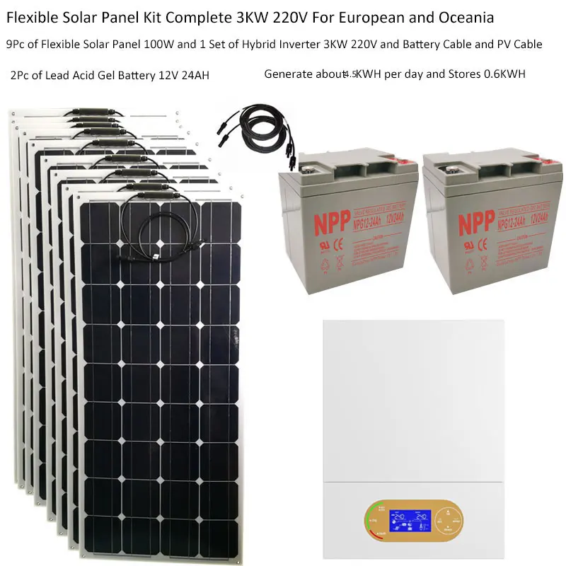 

Solar Panel Kit Complete With Lifepo4 Lithium Lead Acid Battery 3000W 220V Hybrid Inverter Off Grid System Camping Car Caravan