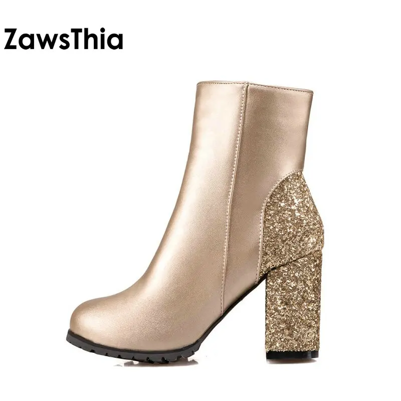 ZawsThia موضة الشتاء الذهبي الفضي الأحمر بلينغ بريق الأحذية كتلة عالية الكعب امرأة حذاء من الجلد الدافئة أفخم النساء الأحذية حجم 48