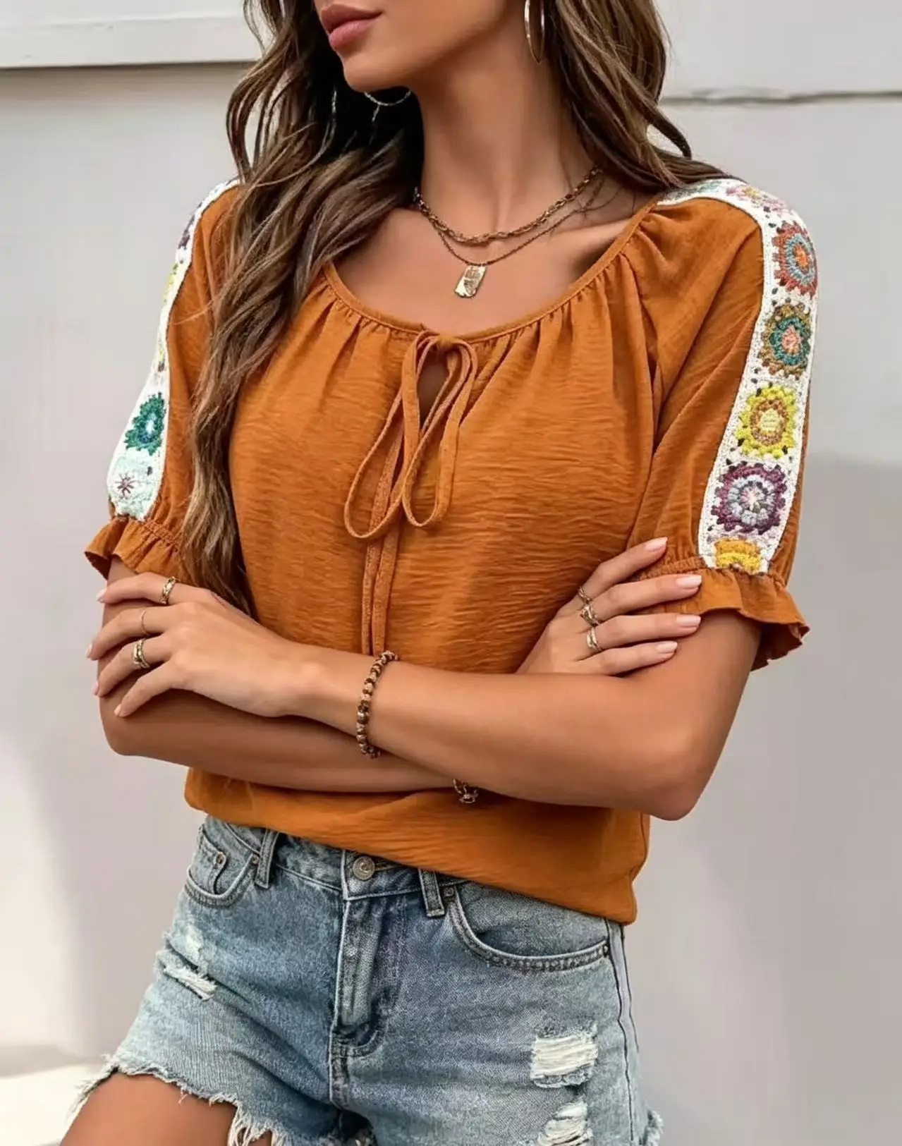 Boho Women's Blouse Tie Front Neck Short Ruffle Sleeve Ethnic Crochet Splice Casual Daily Top view 4
