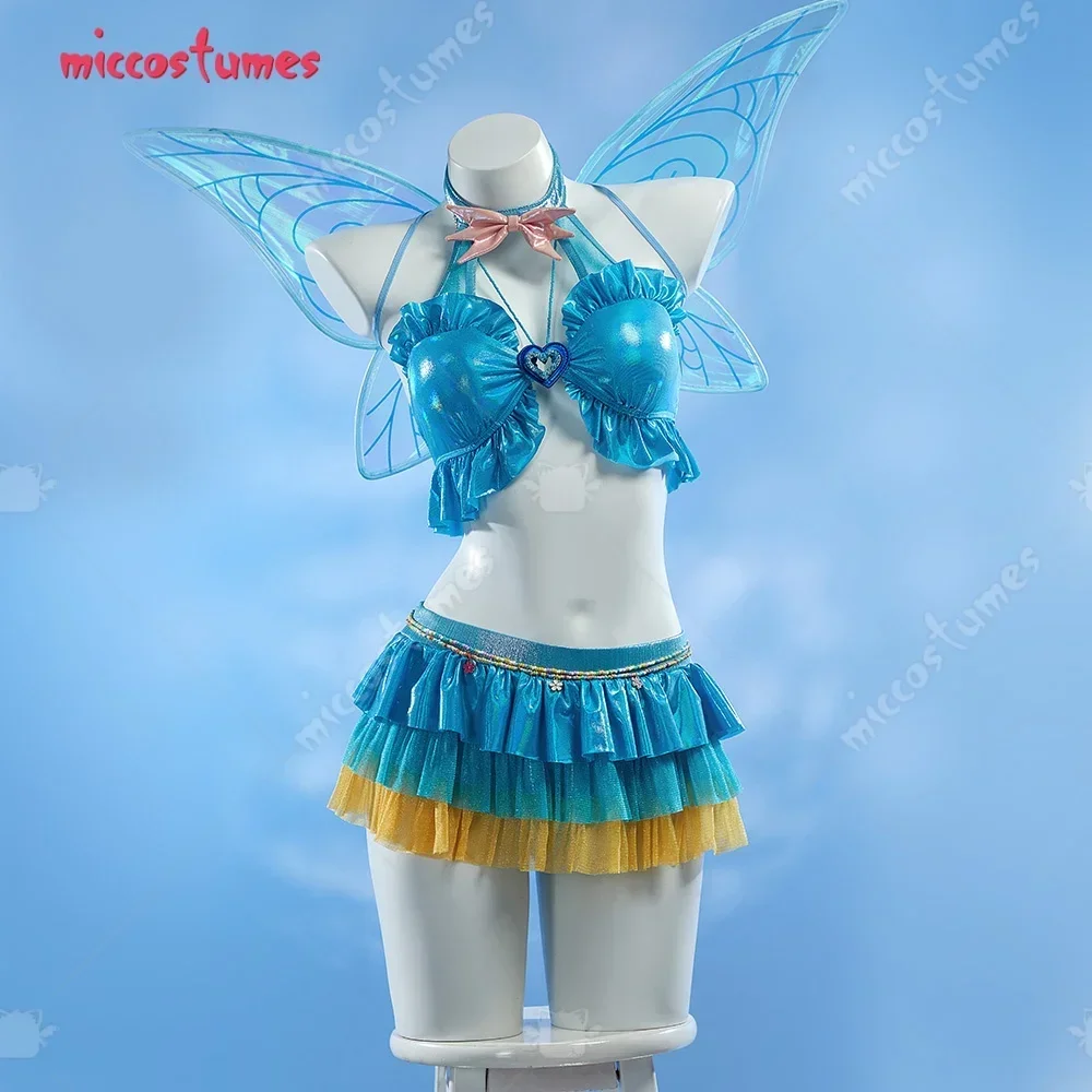 

CosplayHAIKYUU Women's Bloom Derivative Swimsuit Blue Ruffle Bikini Set Halter Top Skirts Two-Piece Bathing Suit with Gloves