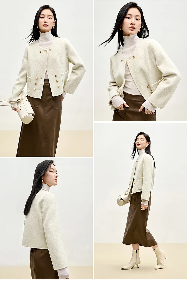 SENTUBILA Damen-Wollmäntel 2026 Winterkollektion Kurze Mäntel Einfarbig O-Ausschnitt Langarm Doppelreihiger Mantel W44O56625 – Detail 37