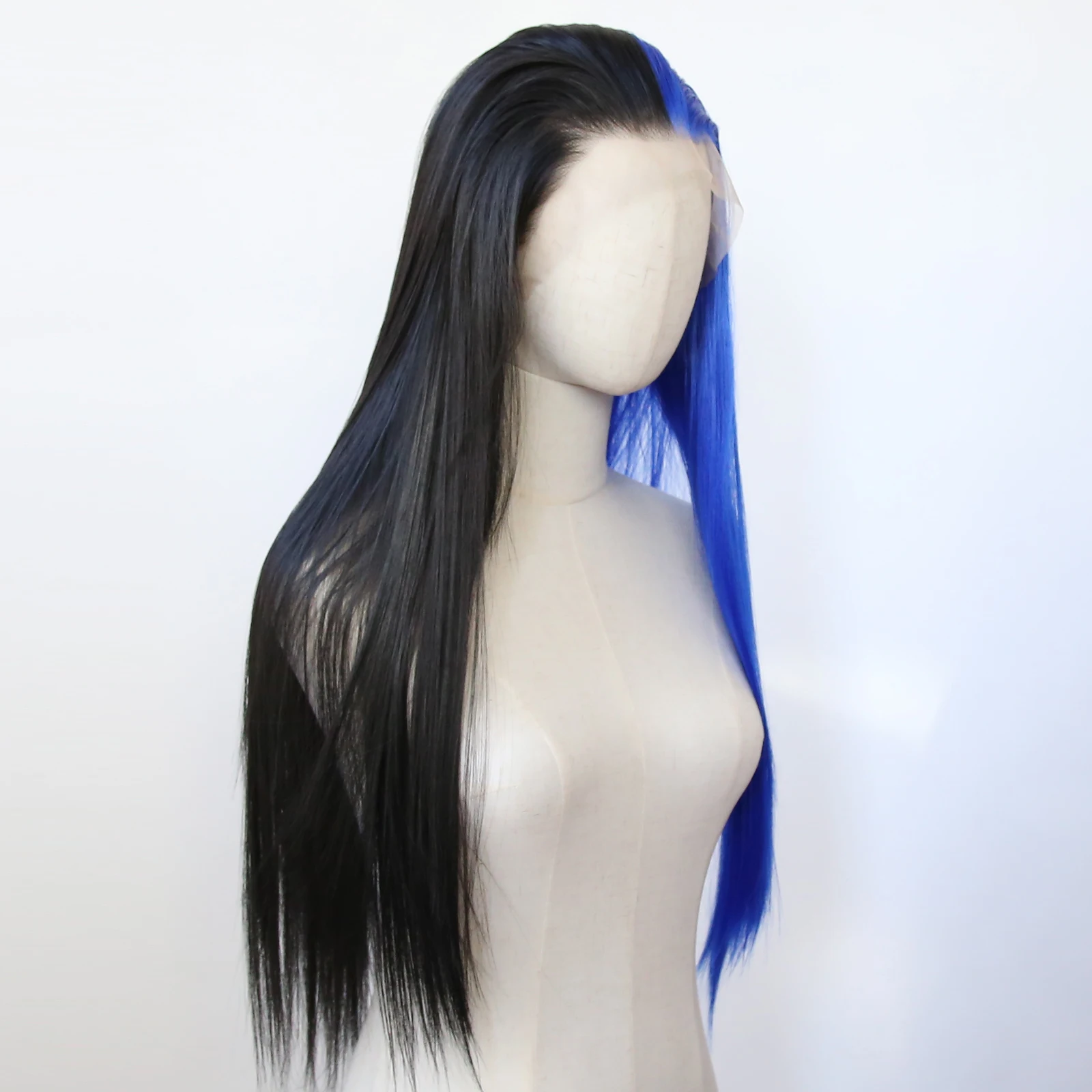 Peruca dianteira do laço sintético meio preto e meio azul, peruca reta longa, cabelo resistente ao calor, peruca pré-arrancada