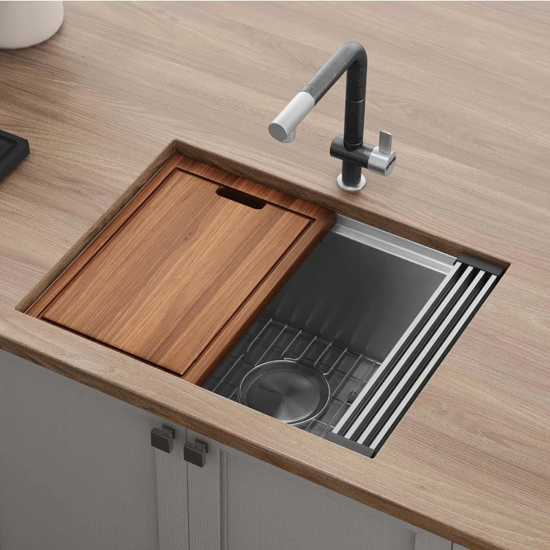 Undermount Workstation Sink Single Bowl Round Corner Kitchen Sink Stainles Steel Scratch-Resistant Brushed Surface Easy To Clean