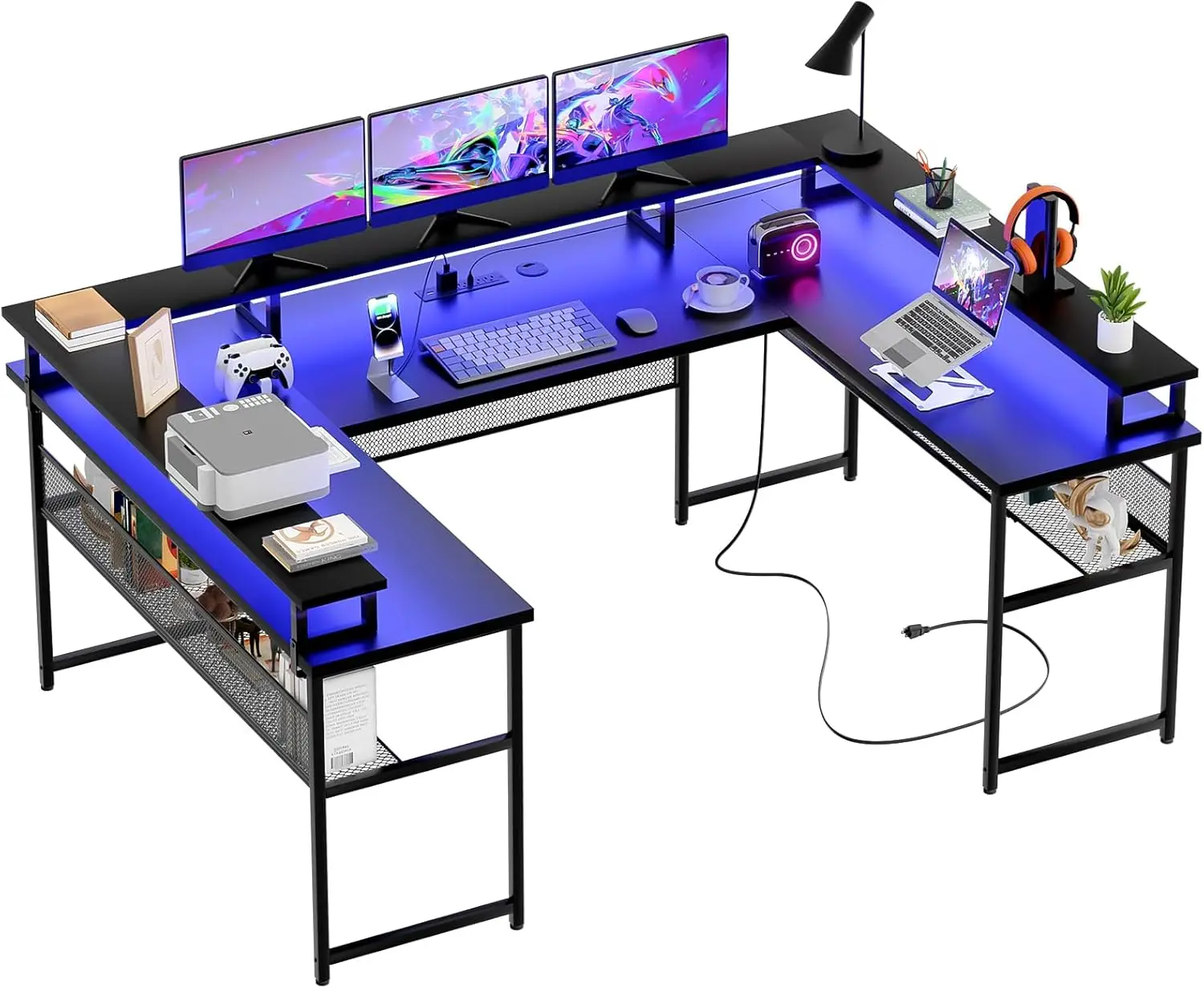 

U Shaped Computer Desks Reversible Office Desk with LED Strip and Power Outlets L Shaped Table with Full Monitor Stand Storage