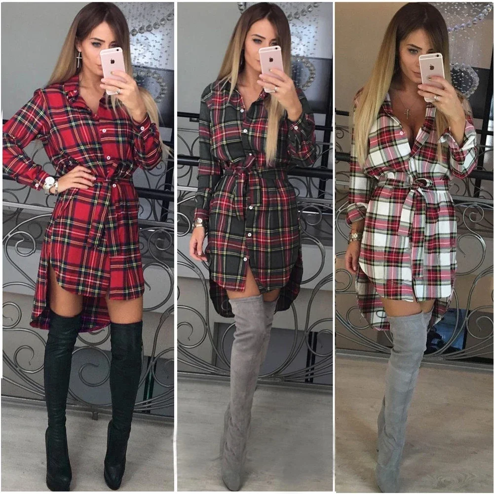 Women Casual Belt Shirt Dress Femme Fashion Long Sleeve Henley Color Block Tee Plaid Tunic Tops Dress Autumn Long Shirts Blouse