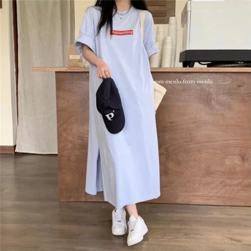 Young Style Big Size Round Neck Letter Printing T-Shirt Dress Women New Summer Loose Half Sleeve Casual Chic Slit Midi Dresses