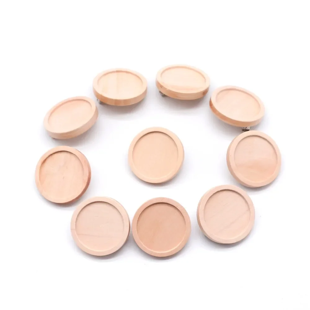 10pcs/lot Blank Wood Cabochon Brooch Base Settings 20 25 30 40mm Dia Round Bezel Tray Diy Brooches Pin Backs for Jewelry Making