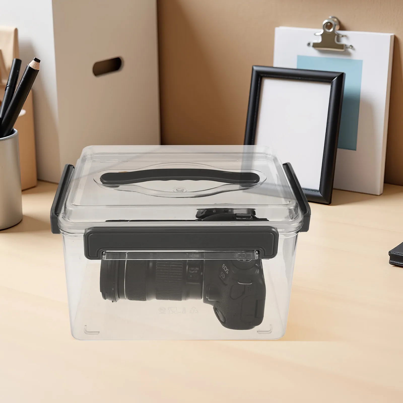 Transparent Plastic Camera Lens Storage Box Lid Handle 11.4x7.5x6.9 Inch High Density Cushioned Camera Gear Organizer