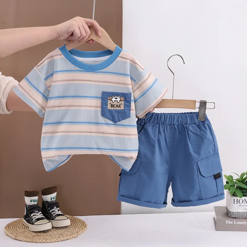 2025 New Summer Baby Boys 2 Piece Set  0-5T Toddler Boy Striped Bear Embroidery Pocket T-Shirt and Utility Shorts Kids Outfits