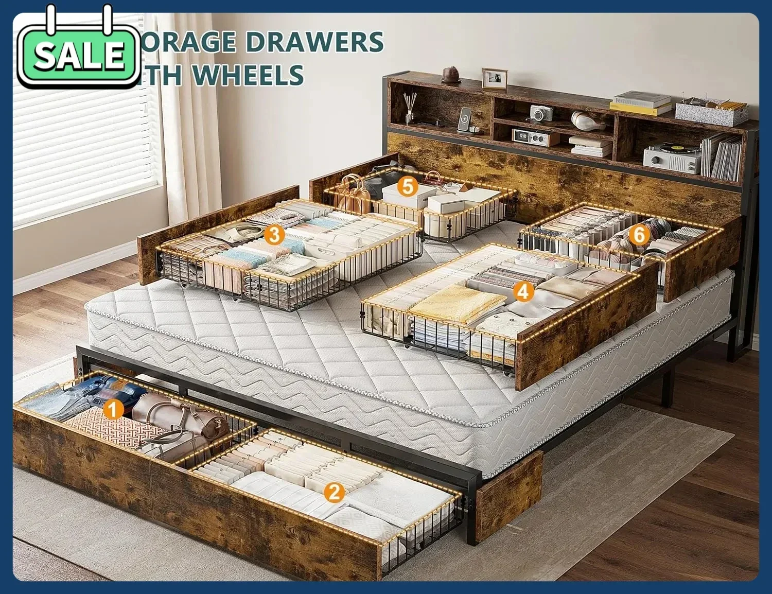 

Hot salesKing Size Bed Frame with 6 Storage Drawers King Bed Frame and Headboard, Storage Bed with Charging Station, No Noise