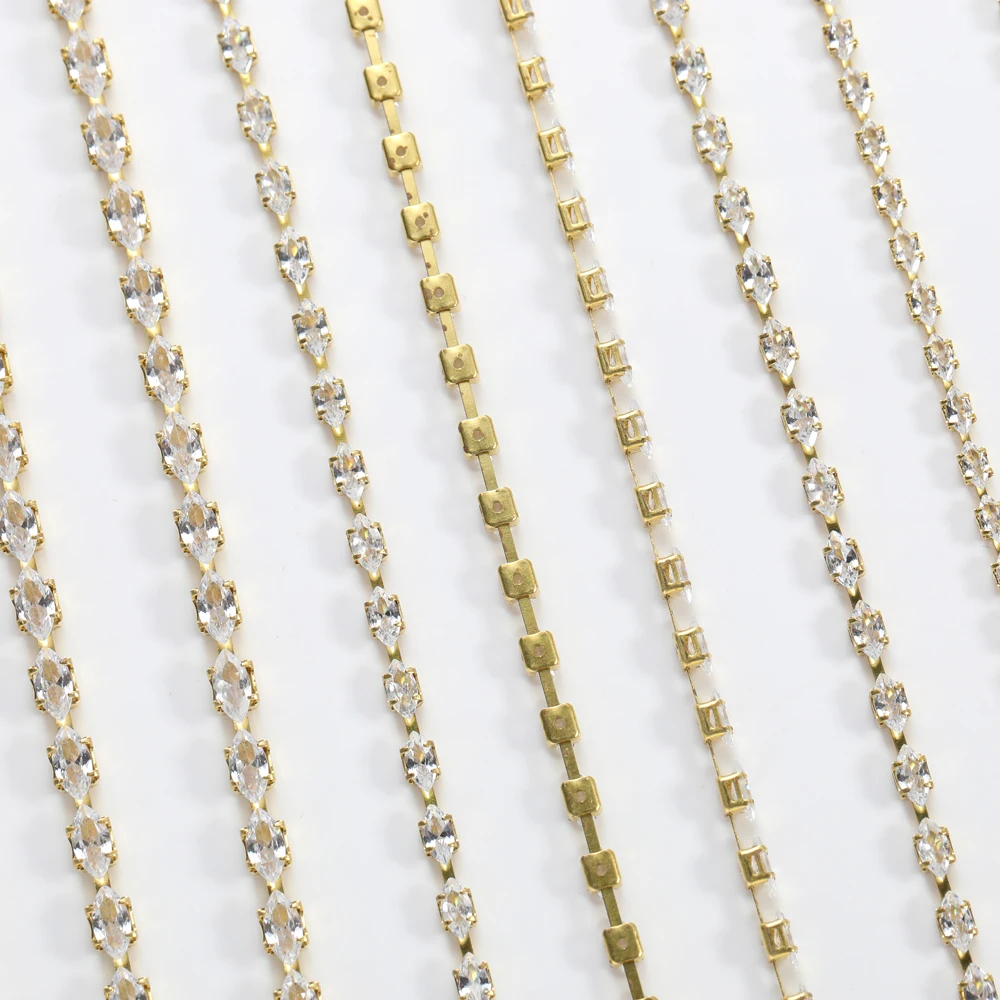 1 Yard 2x4mm Golden Base Navette Zirconia Cup Chains Glitter Zircon Rhinestone Trims For Necklace DIY Zircon Chains