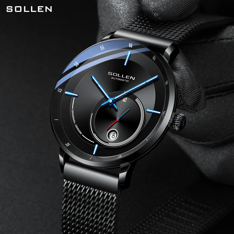 SOLLEN Stylish Sapphire Mirror Automatic Mechanical Watch Black Mesh Strap Men Watch Simple Calendar Display Reloj Hombre SL309