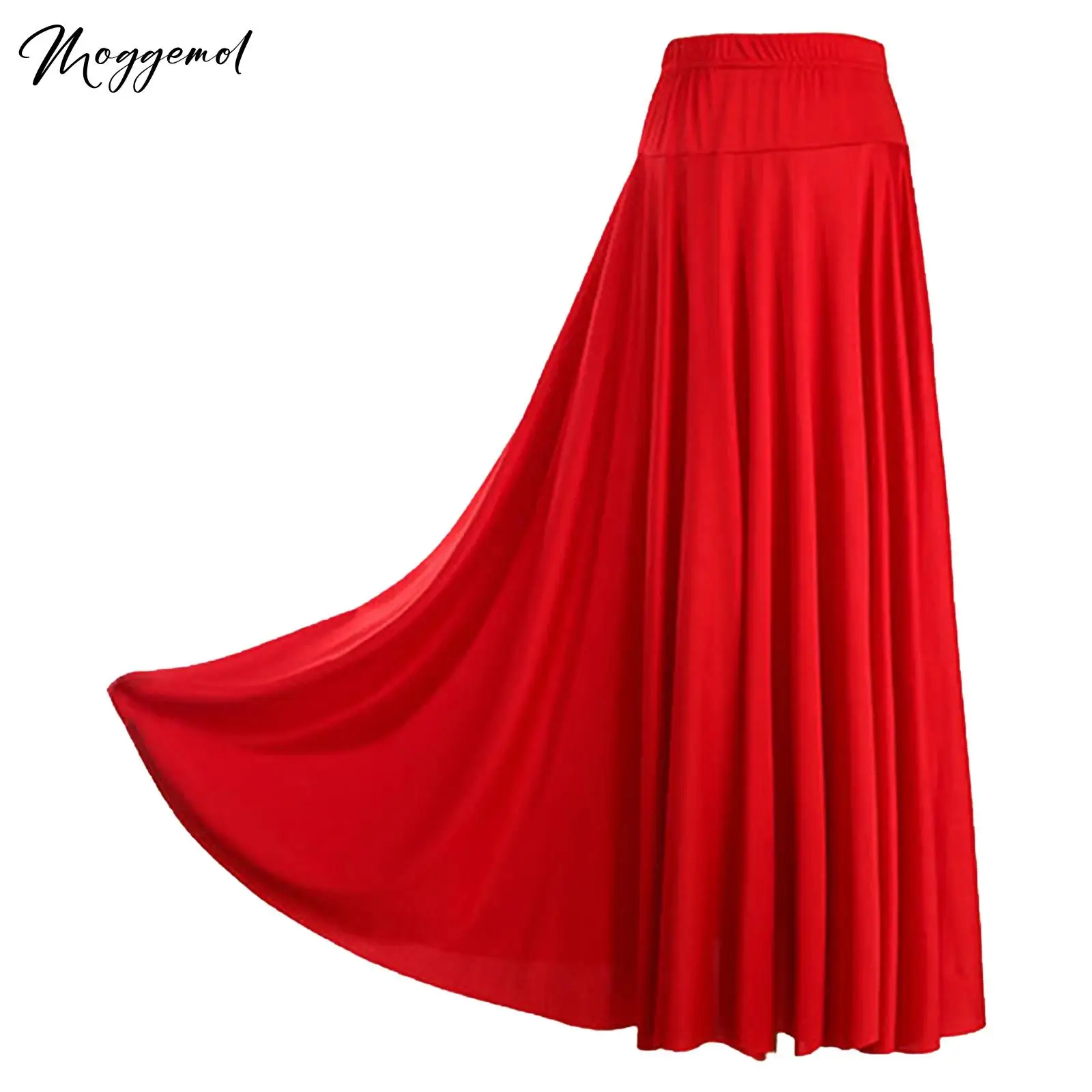 Womens Spanish Flamenco Swing Skirt Solid Ballroom Dance Long Skirts High Waist Elastic Waistband Ruffle Performance Costume