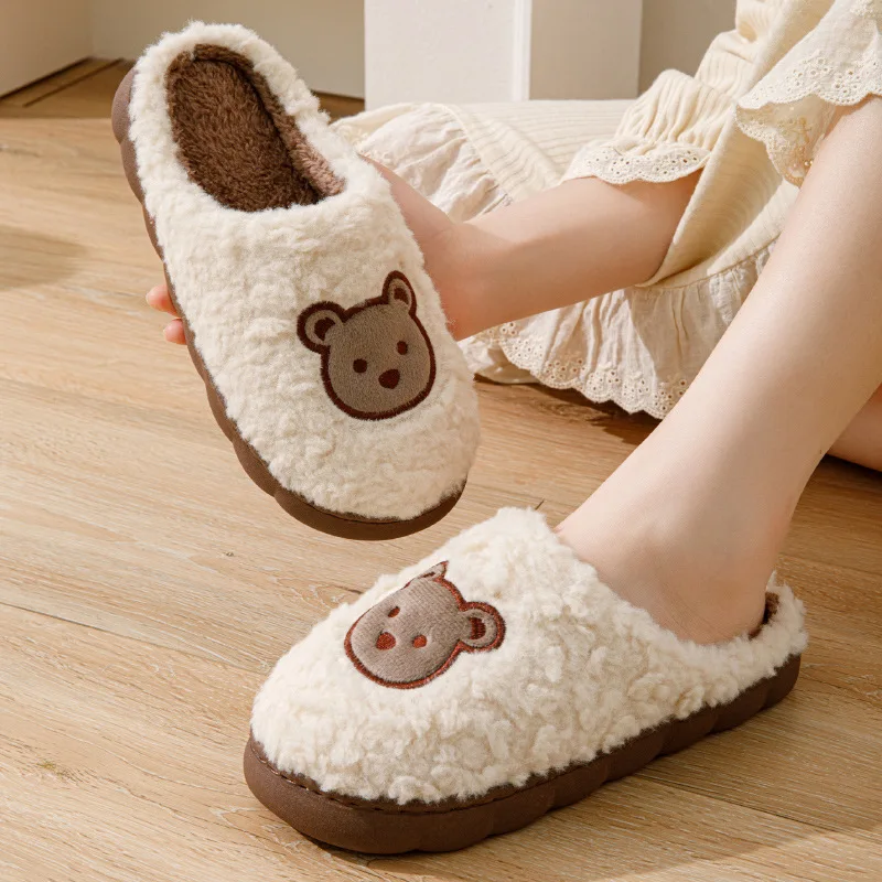 Winter Bear Plush Slippers For Women Men Fashion Fluffy Home Slides Adults Warm Cartoon Cute Bear House Shoes Couples Slides