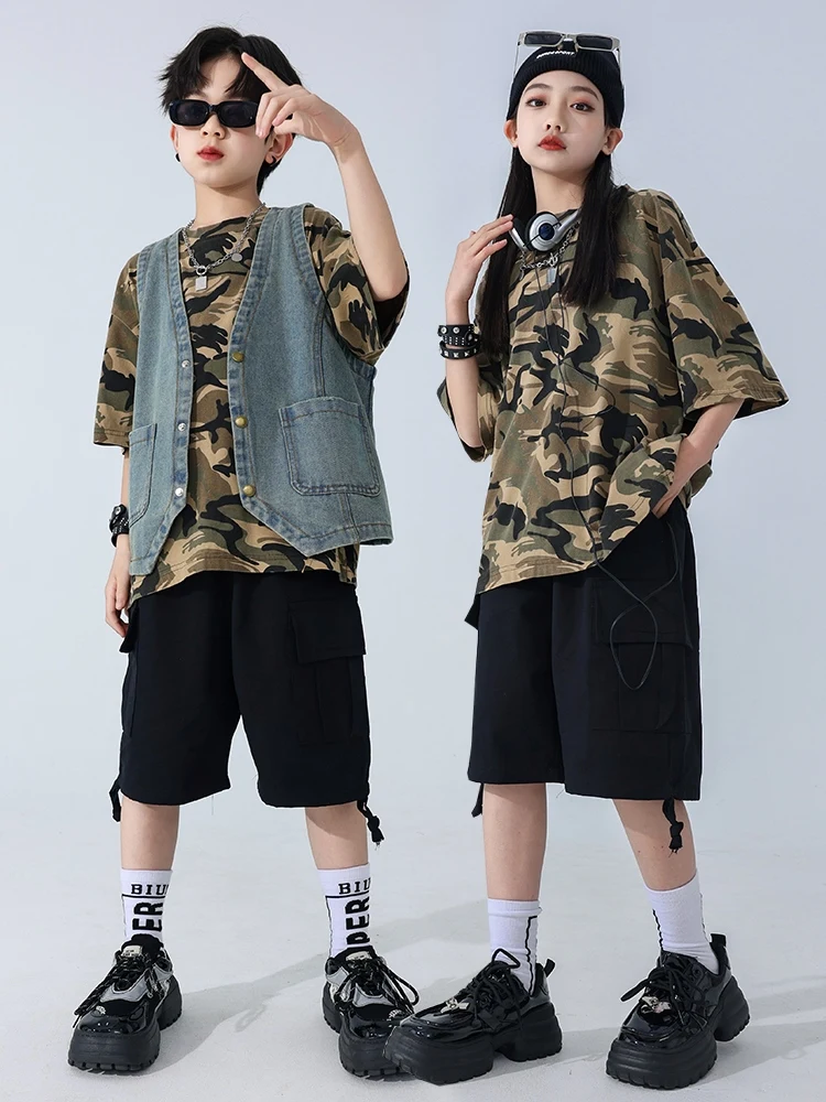 Boys Summer Hip Hip Clothes Short Sleeves Kids Denim Vest T Shirt Girls Drum Jazz Dance Wear Performance Costume Stage BL13104