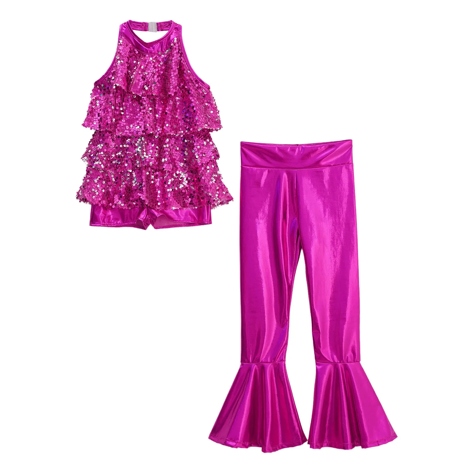 Kids Girls Jazz Dance Outfit Sleeveless Halter Sequin Ruffle Leotard Dress with Metallic Bell-bottom Pants for Ballet Gymnastics